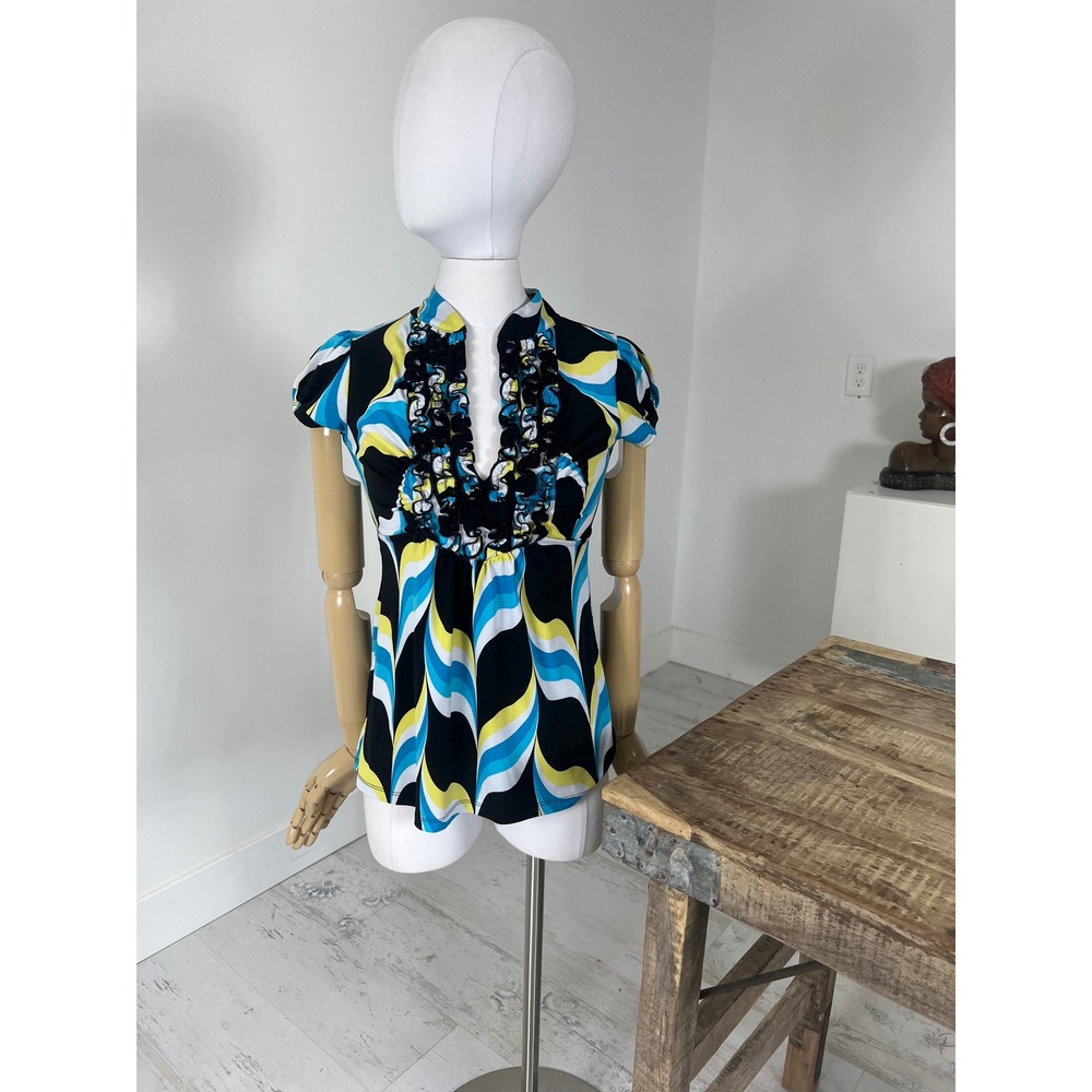 Womens Psychedelic Swirl Ruffle V-Neck Empire Waist Tie Back Top Blue Yellow S
